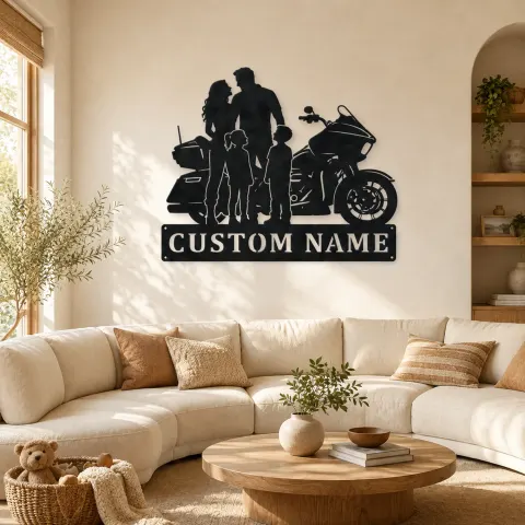 Décoration murale en métal personnalisée pour famille de quatre en moto touring