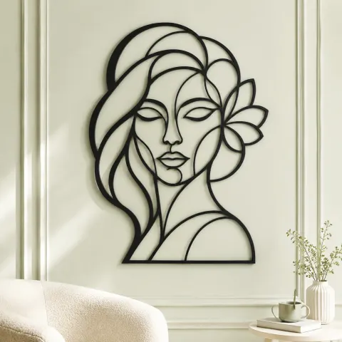 Vue alternative de Geometric Face Muse Metal Wall Art | Minimalist Woman Line Art