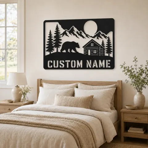 Vue alternative de Décoration murale en métal personnalisée Ours et Cabane en Bois