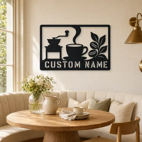 Vue alternative de Décoration murale en métal personnalisée de station de café avec moulin