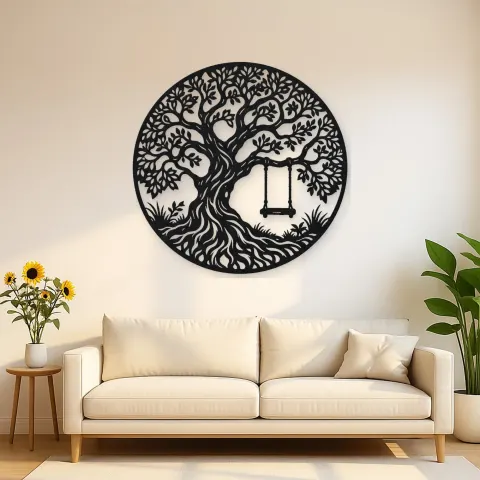 Tree with Swing Metal Wall Art | Botanical Metal Wall Decor