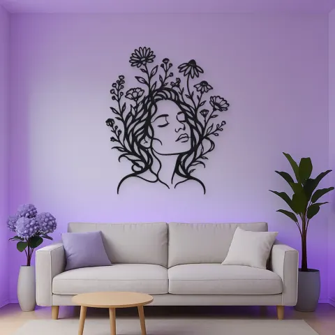 Vue alternative de Wildflower Face Metal Wall Art | Minimalist Woman Line Art
