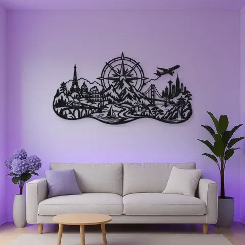 Vue alternative de Compass Mountain Flow Metal Wall Art | Nature Silhouette Decor