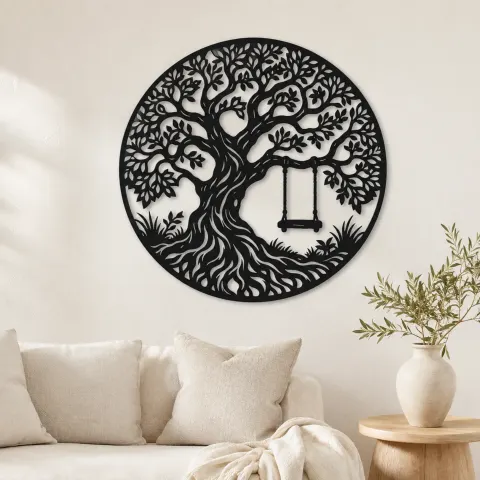 Tree with Swing Metal Wall Art | Botanical Metal Wall Decor