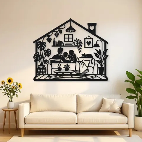 Minimal House Family Metal Wall Art | Family Silhouette Decor