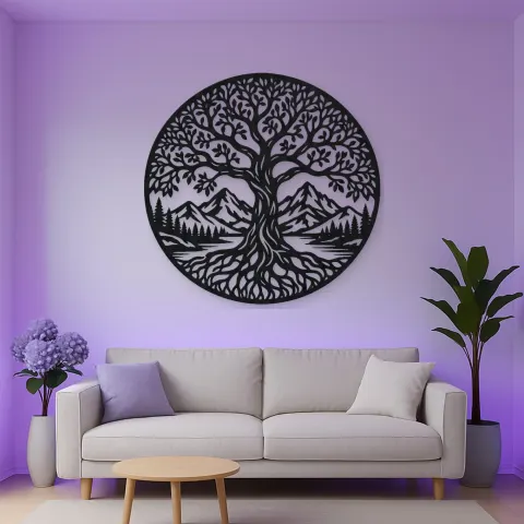 Tree and Mountain Circle Metal Wall Art | Botanical Metal Wall Decor alternative Ansicht