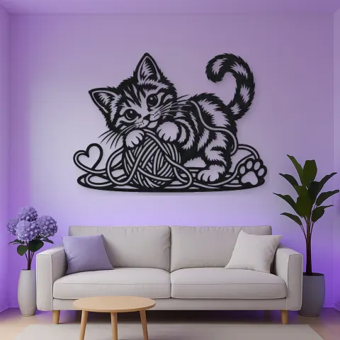 Playful Kitten Yarn Metal Wall Art | Pet Lover Silhouette Decor alternative Ansicht