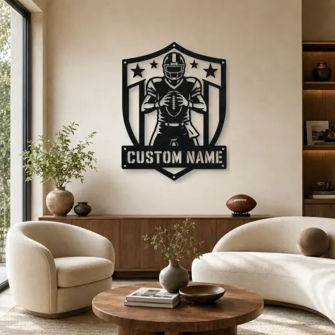 Décoration murale en métal personnalisée avec joueur de football et le bouclier étoiles et rayures