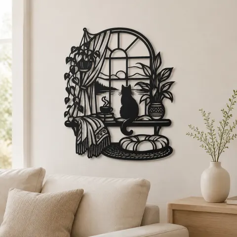 Cat on Windowsill Metal Wall Art | Pet Lover Silhouette Decor