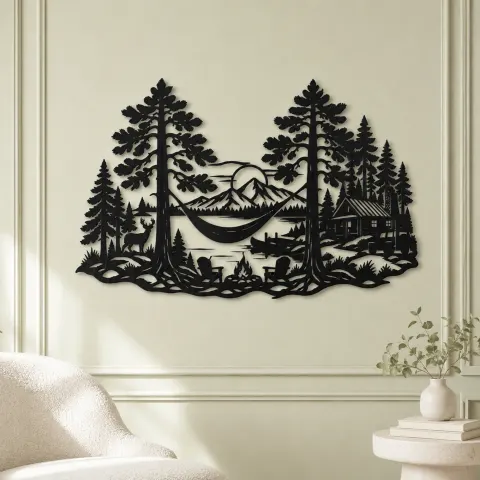 Vue alternative de Hammock between Pines Metal Wall Art | Cozy Home Metal Decor