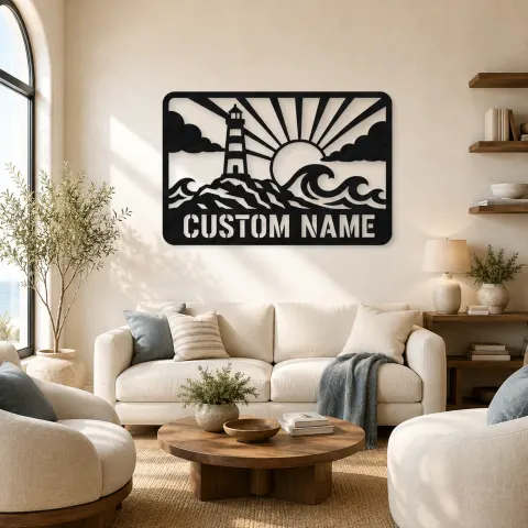 Décoration murale en métal personnalisée phare avec vagues océaniques