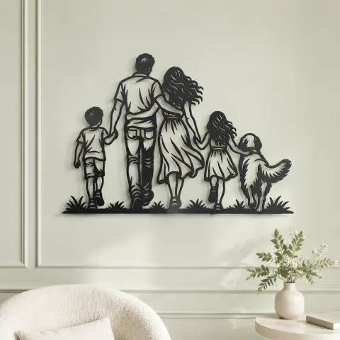 Vue alternative de Family with Dog Metal Wall Art | Pet Lover Silhouette Decor