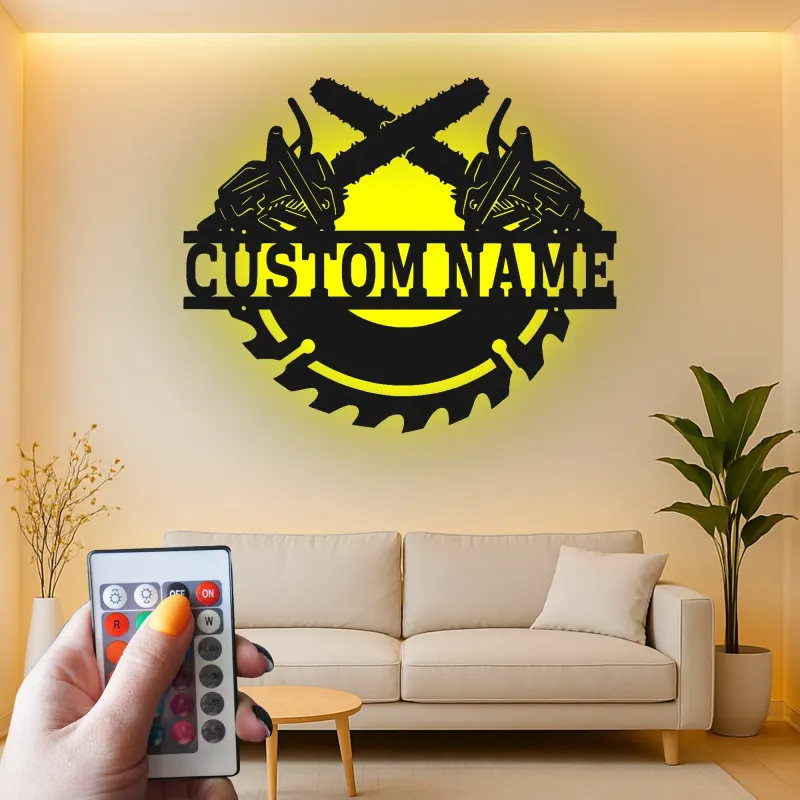 Insegna in metallo personalizzata con luce LED a forma di motosega e lama di sega, regalo unico per falegnami