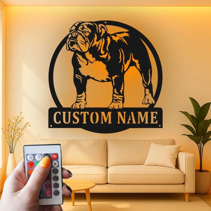 Cartel de metal LED personalizado de Bulldog, regalo para amantes de los perros, decoración para la sala de estar o área de mascotas
