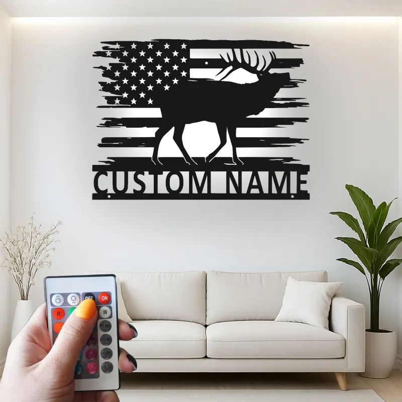 Décoration murale en métal LED élan drapeau américain personnalisée Cadeau pour chasseurs Décor de chalet rustique