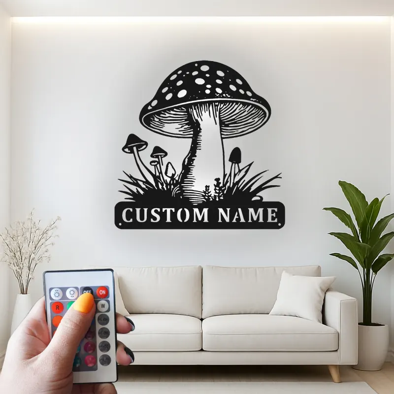 Personalisierte Pilz-Metallschild | LED Fungi Wandkunst | Vintage Wald Dekor für Naturliebhaber | Geschenk für Büro & Zuhause