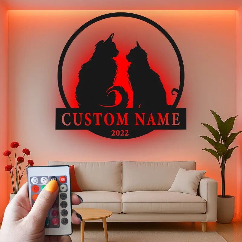 Custom Cat Couple Led Light Metal Wall Art Personalized Pet Lover Gift Living Room or Bedroom Decor