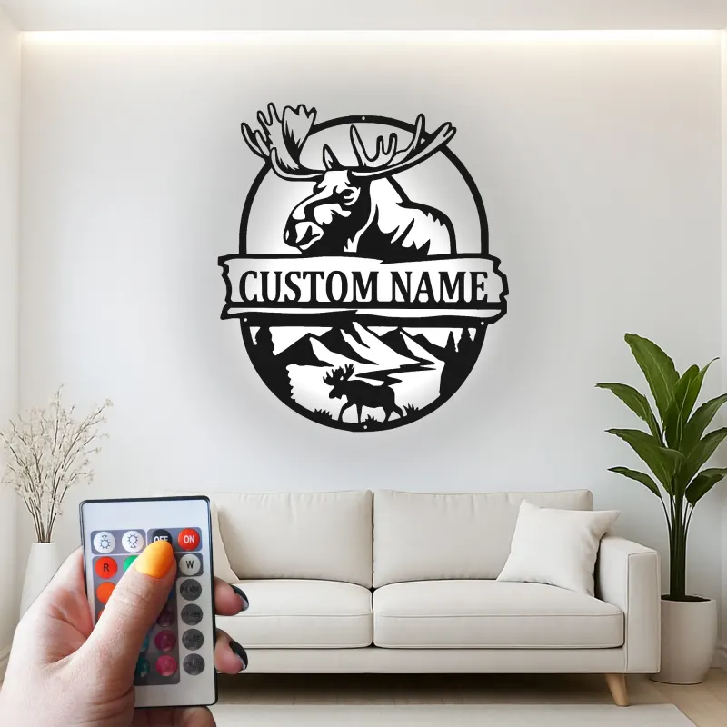Custom Moose Led Light Metal Wall Art Personalized Gift for Nature Lovers Cabin Decor with Mountain Scene