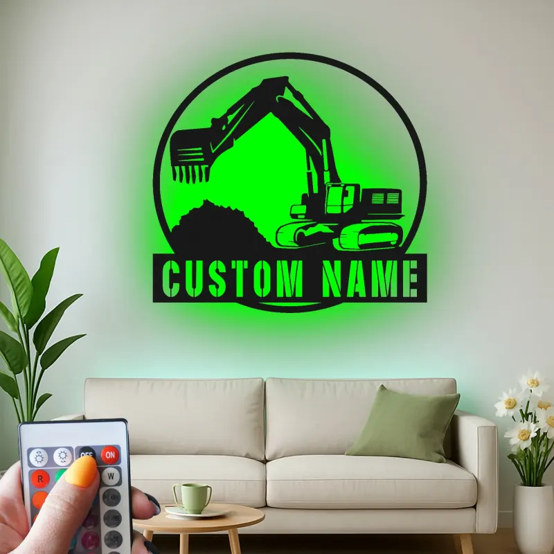 Personalisierte LED-Metall-Wandkunst mit Bagger-Motiv – Geschenk für Bauprofis, Büro oder Garage