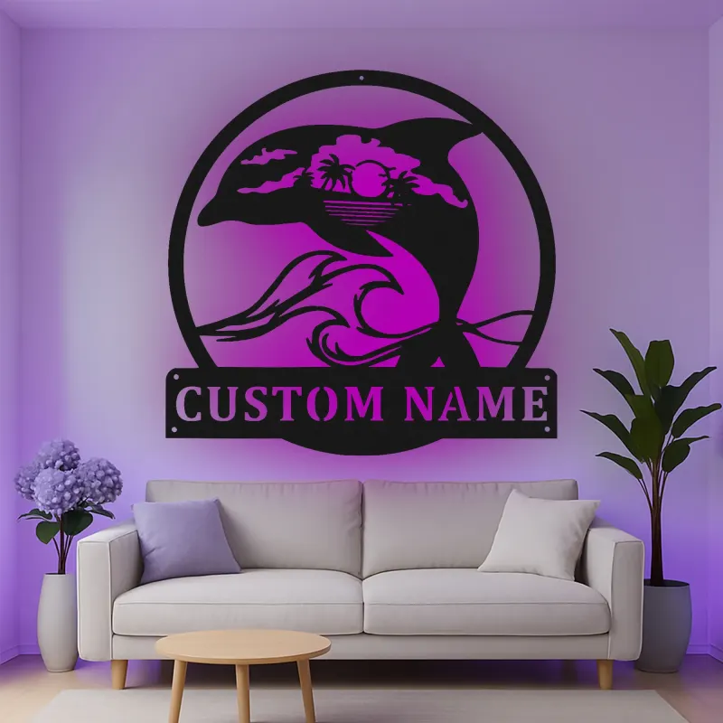Cartel de metal LED personalizado de delfín al atardecer, regalo para amantes de la playa, decoración temática oceánica para el salón
