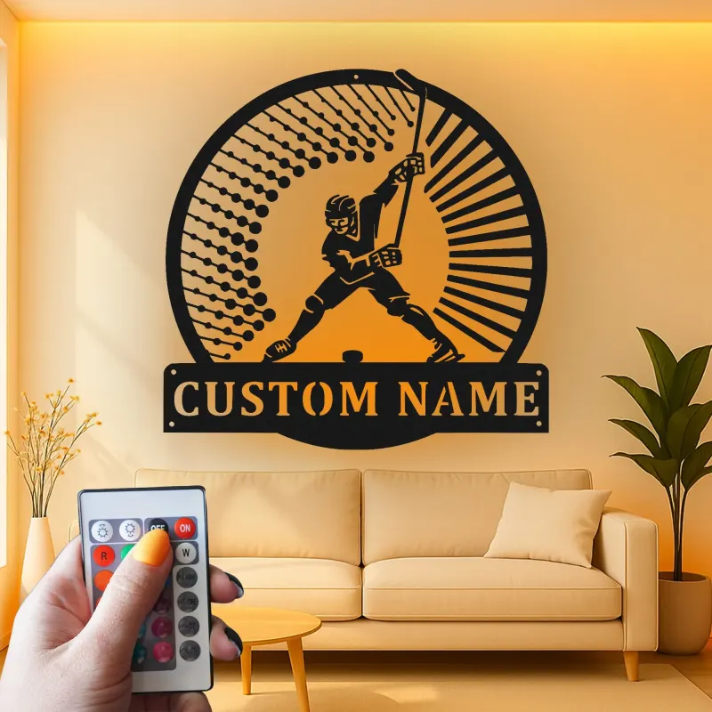 Personalized Hockey Player Sign | LED Metal Wall Art | Custom Name Decor for Game Room | Gift for Athlete