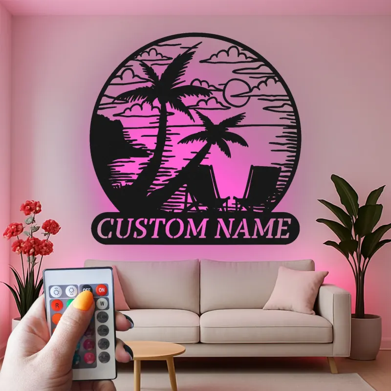 Décoration murale en métal personnalisée coucher de soleil sur la plage avec rétroéclairage LED cadeau côtier pour couples décoration de salon ou patio