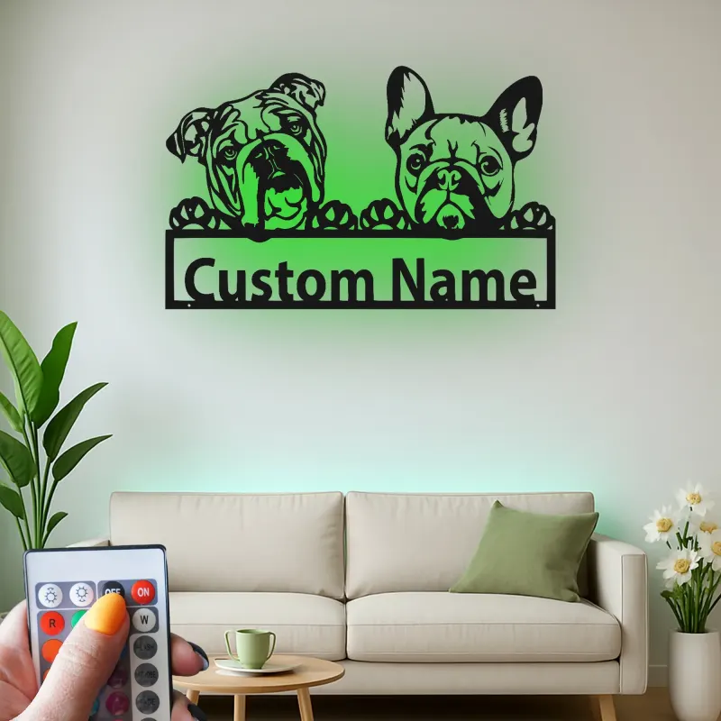 Cartel de metal LED personalizado de Bulldog y Bulldog Francés, regalo para amantes de los perros, decoración para la sala de estar