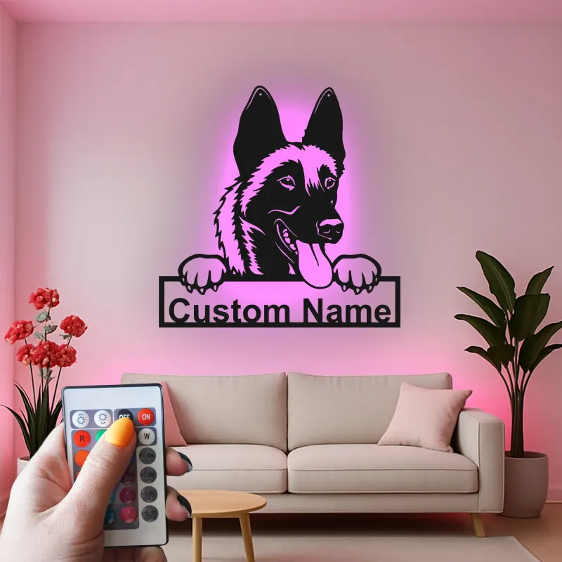 Plaque métal Berger allemand personnalisée | Décoration murale avec prénom du chien | Décor commémoratif pour animal de compagnie rétroéclairé LED pour la maison