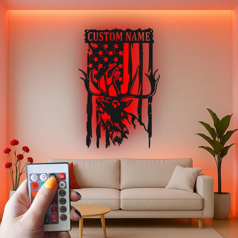 Décoration murale en métal personnalisée avec cerf et drapeau américain, éclairage LED, cadeau personnalisé pour chasseurs, décoration de cabane rustique 3