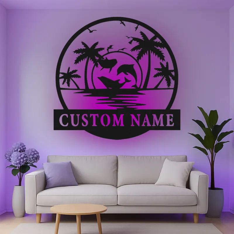 Décoration murale en métal personnalisée avec scène océanique et rétroéclairage LED - Cadeau pour amoureux de la plage, décor tropical pour le salon