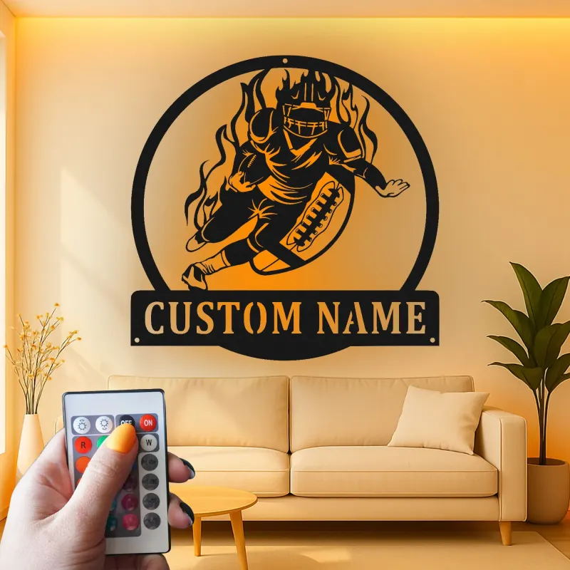 Insegna LED personalizzata con giocatore di football | Decorazione murale in metallo personalizzata | Arredo camera ragazzi e man cave | Regalo per atleta