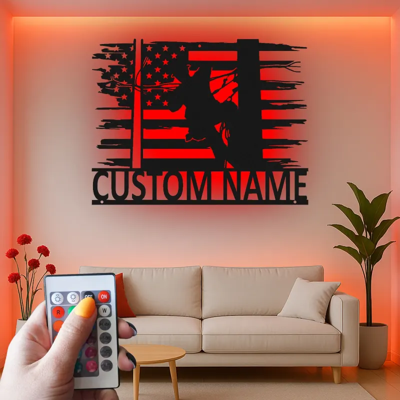 Décoration murale en métal personnalisée avec drapeau américain et rétroéclairage pour électriciens