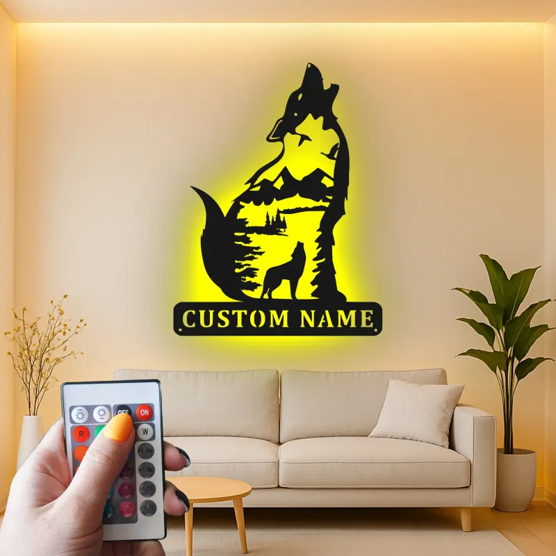 Cartel de metal personalizado de lobo aullando con luz LED Regalo para amantes de la naturaleza Decoración rústica de cabaña 3