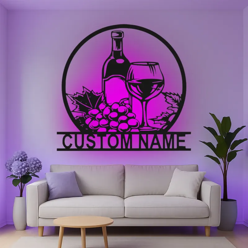 Custom Wine Bottle and Glass Led Light Metal Wall Art Personalized Wine Lover Gift Kitchen or Bar Decor
