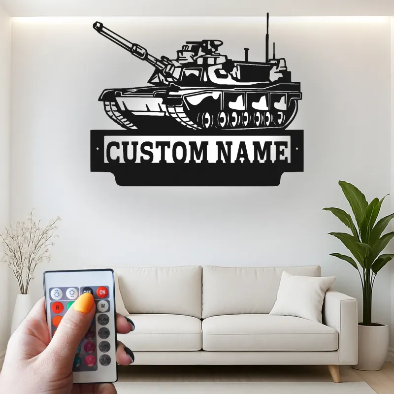 Arte in Metallo Tank Militare | Insegna LED Personalizzata con Nome per Soldato | Decorazione per Man Cave e Garage