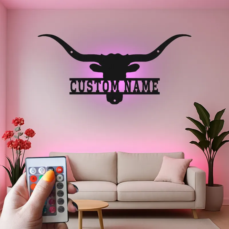 Décoration murale en métal personnalisée avec longhorn et rétroéclairage LED - Cadeau ranch, décoration western pour salon ou man cave