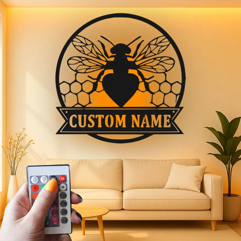 Décoration murale en métal LED personnalisée avec abeille - Cadeau pour apiculteurs, décoration de cuisine ou de jardin