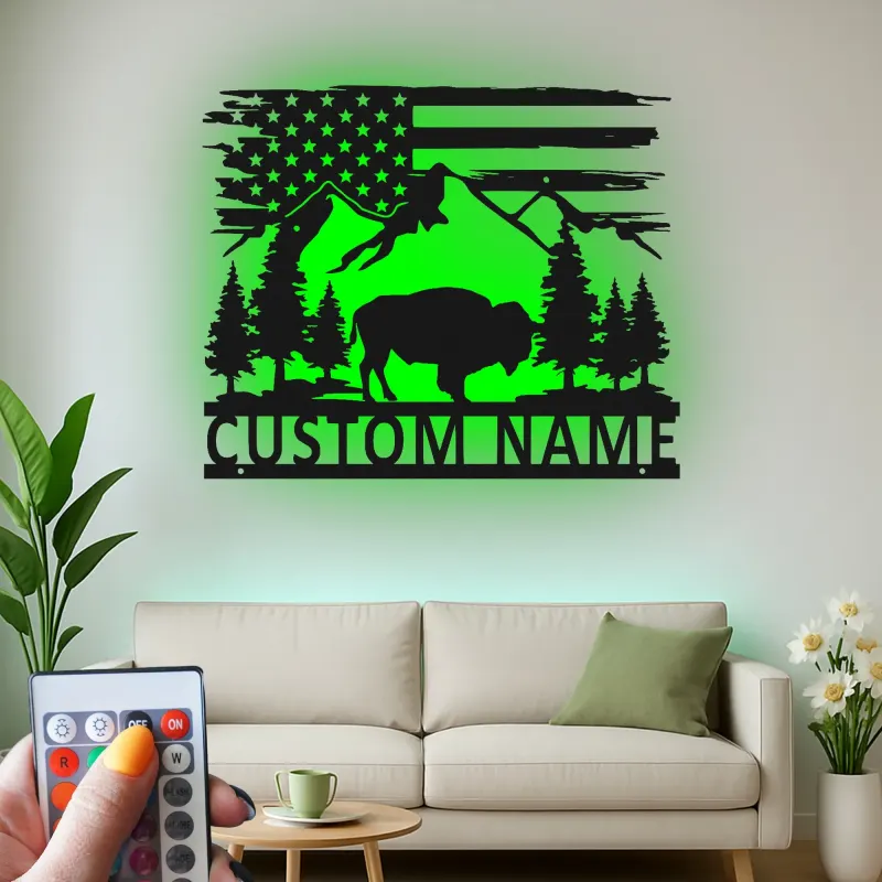 Custom Bison and Mountains Led Light Metal Wall Art Personalized Nature Lover Gift Rustic Cabin Decor