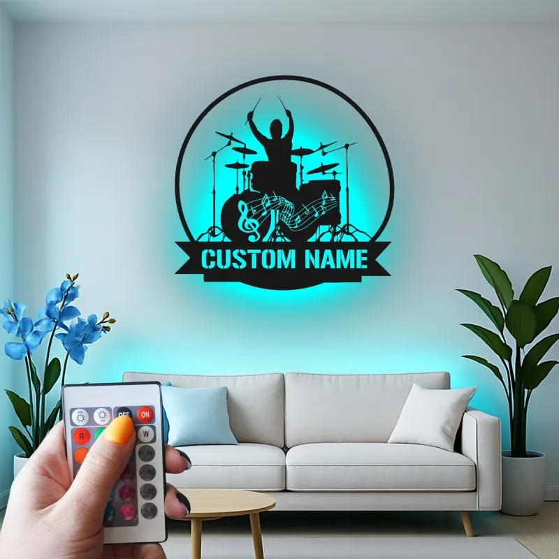 Décoration murale en métal LED personnalisée pour batteur - Cadeau musicien pour salle de musique