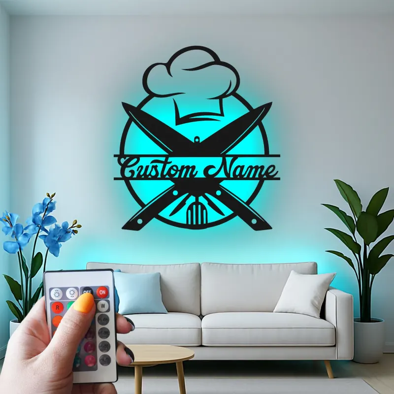Décoration murale en métal personnalisée Chapeau de Chef et Ustensiles avec rétroéclairage LED