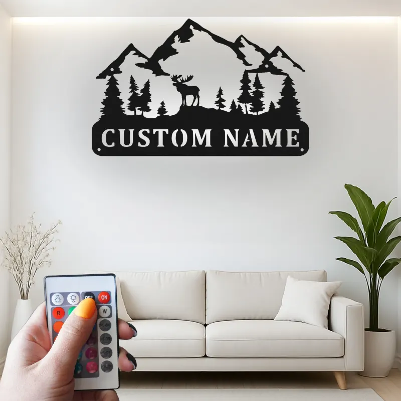 Cartel de metal con alce personalizado con LED | Decoración mural de montaña personalizada | Decoración rústica para cabaña y regalo para amantes del aire libre