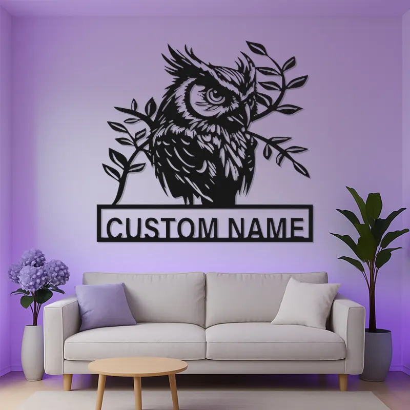Arte murale LED in metallo con gufo reale | Insegna personalizzata con nome per amanti della natura | Decorazione realistica con silhouette di uccello selvatico