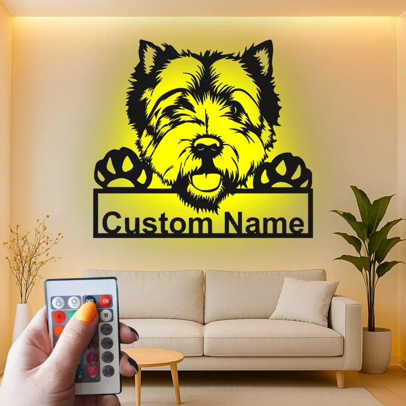 Cartel de metal personalizado con luz LED de perro Terrier, regalo para padres de mascotas, decoración para salón o entrada 1