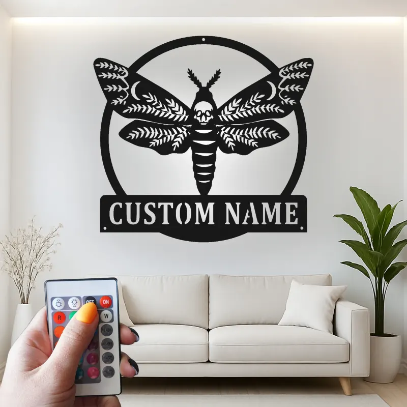 Décoration murale en métal personnalisée avec crâne de papillon et rétroéclairage LED - Cadeau gothique unique pour la chambre ou le salon