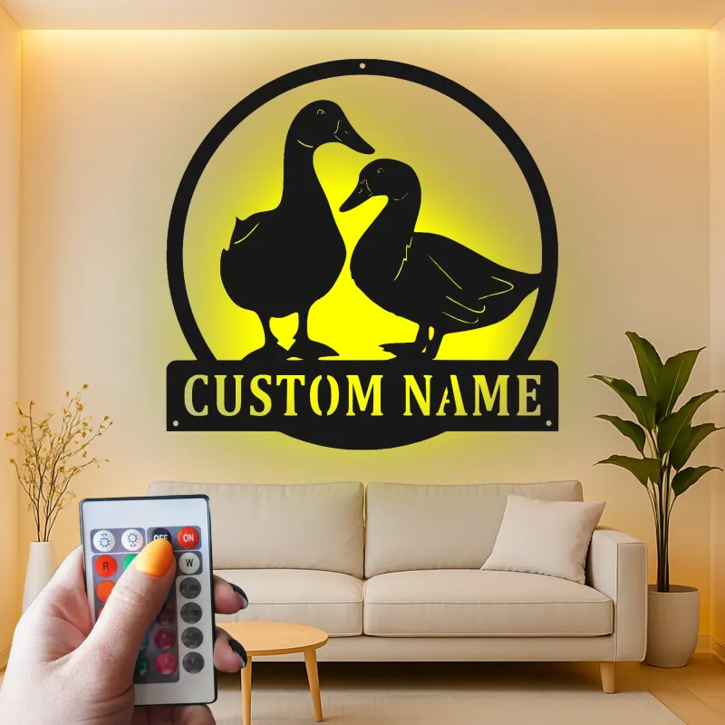 Insegna in metallo LED personalizzata con coppia di anatre - Regalo per fattoria, decorazione rustica per cucina o giardino