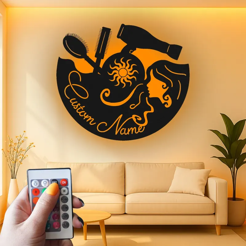 Enseigne de salon personnalisée | Art mural LED en métal sur mesure pour coiffeur | Décoration d’institut de beauté | Cadeau pour coiffeur
