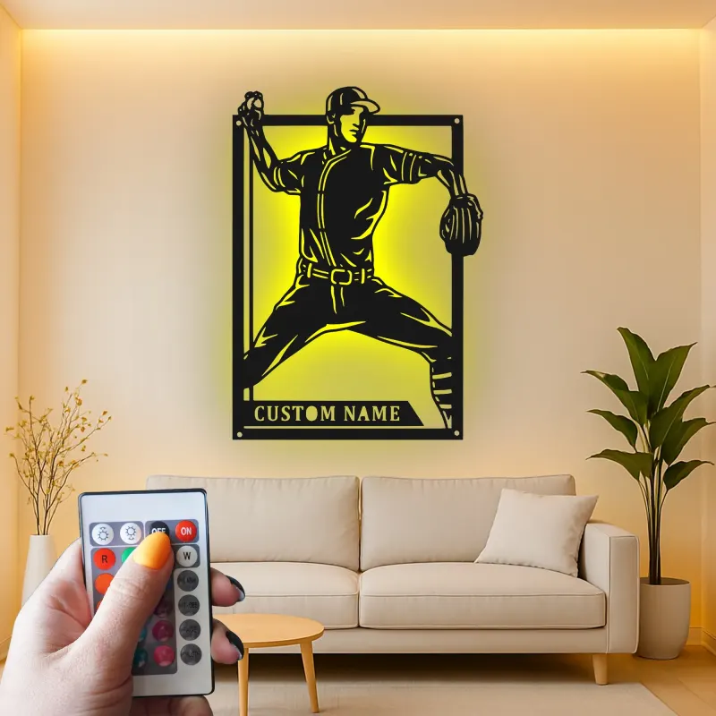 Insegna in metallo personalizzata con luce LED per lanciatore di baseball - Regalo personalizzato per appassionati di sport e decorazione per sala giochi