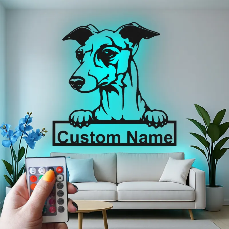 Cartel personalizado con nombre de galgo | Decoración mural de metal con LED | Decoración personalizada para mascotas en la entrada | Regalo para amantes de los perros