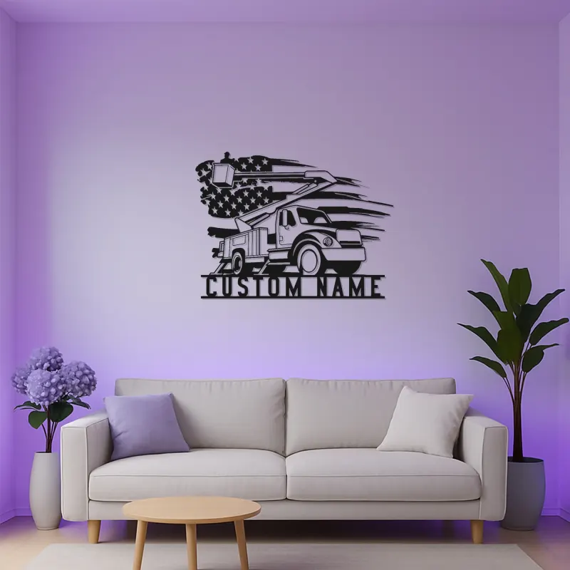 Insegna LED personalizzata per lineman | Arte murale in metallo con camion a cestello | Regalo personalizzato per lavoratori del settore elettrico | Decorazione patriottica con bandiera americana