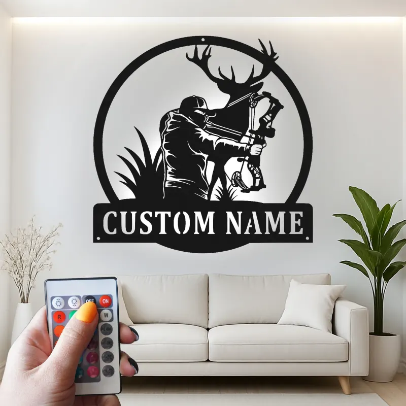 Insegna in metallo personalizzata con luce LED per cacciatori di arco e cervi, regalo personalizzato per cacciatori, decorazione per man cave o cabin